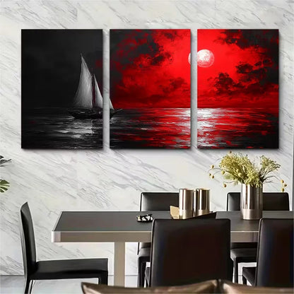 3pcs Black and White Red Seascape Metal Print Ready to Hang Art - Bella Home Decor