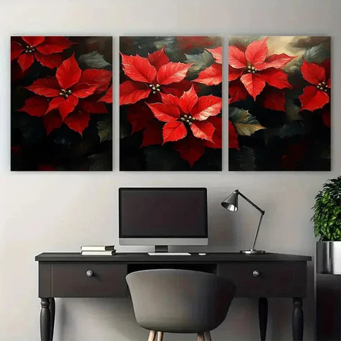 3pcs Poinsettia Flowers Impasto Design Wall Art Canvas Unframed - High Quality Print 100% Australian Made Wall Canvas