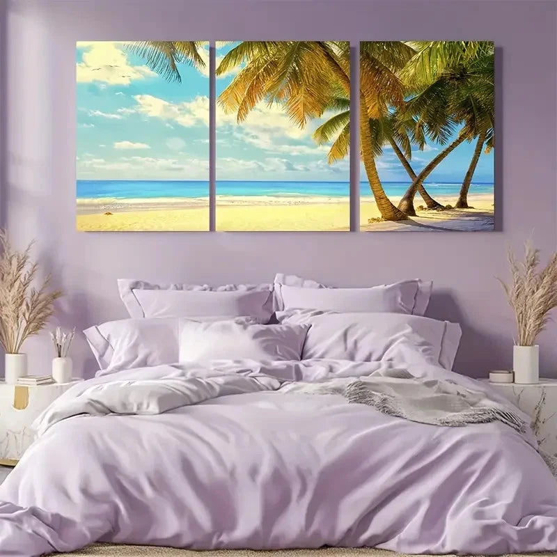 3pcs Coastal Triptych with Palm Trees & Ocean View Metal Print Ready to Hang Art - Bella Home Decor