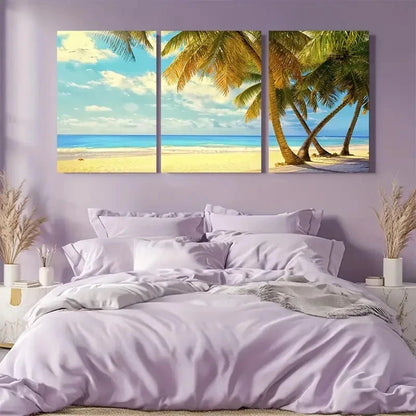 3pcs Coastal Triptych with Palm Trees & Ocean View Metal Print Ready to Hang Art - Bella Home Decor