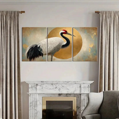 3pcs Elegant Crane Art Golden Circle Design Metal Print Ready to Hang Art - Bella Home Decor