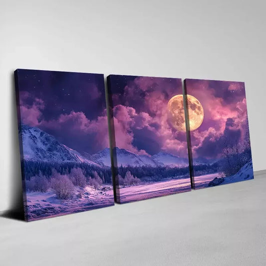 3pcs Beautiful Moon with Mountain & Trees view Wall Art Set Canvas Framed 40x60cm - High Quality Print 100% Australian Made Wall Canvas Ready to Hang