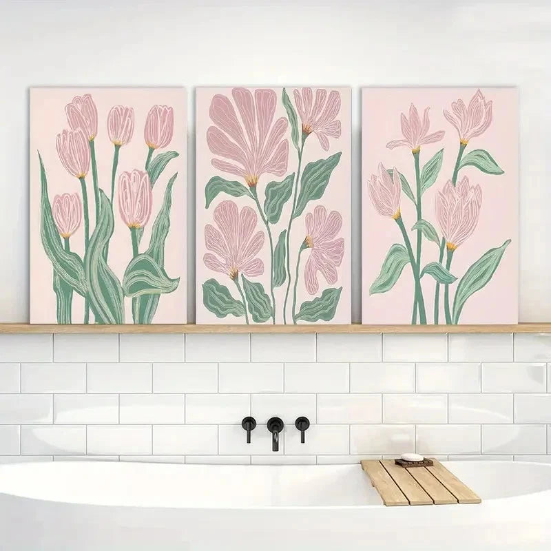 3pcs Boho Pink Tulips d Floral Botanical Painting Metal Print Ready to Hang Art - Bella Home Decor