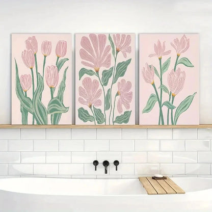 3pcs Boho Pink Tulips d Floral Botanical Painting Metal Print Ready to Hang Art - Bella Home Decor