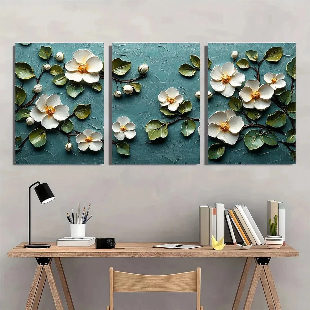 3pcs White Floral Painting Green Leaves Botanical Metal Print Ready to Hang Art - Bella Home Decor
