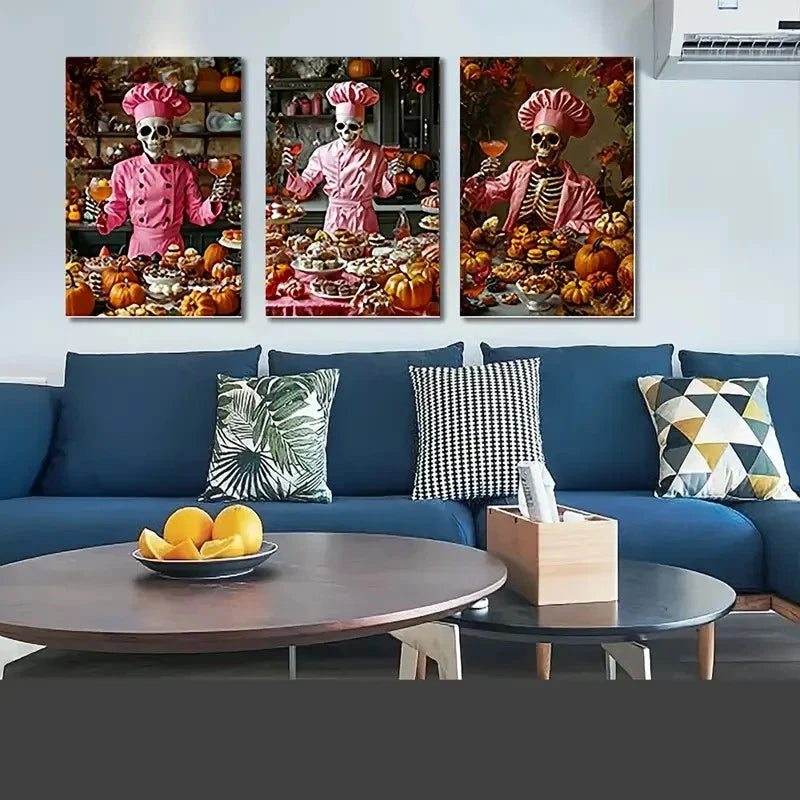 3pcs Whimsical Skeleton Chef   Wall Art Canvas Framed 40x60cm - High Quality Print 100% Australian Made Wall Canvas Ready to Hang - Bella Home Decor