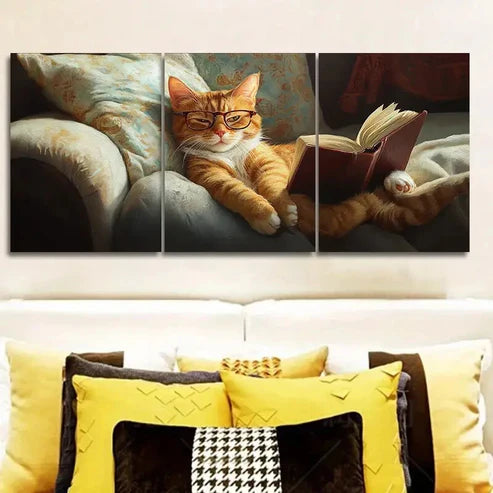3pcs Classic Modern Cat Reading Wall Art Set Canvas Unframed - High Quality Print 100% Australian Made Wall Canvas - Bella Home Decor
