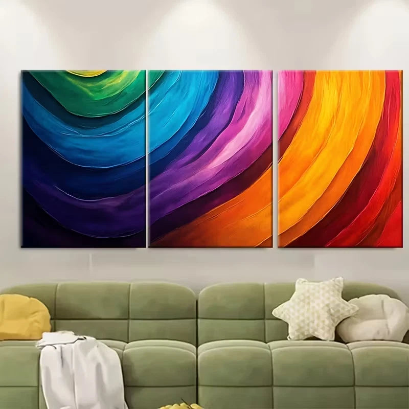 3pcs , Vibrant Abstract Rainbow Curved Stripes Metal Print Ready to Hang Art - Bella Home Decor