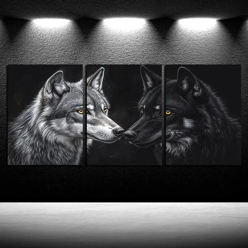 3pcs Two Wolves with Yellow Eyes Illustration Metal Print Ready to Hang Art - Bella Home Decor