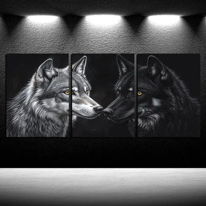 3pcs Two Wolves with Yellow Eyes Illustration Metal Print Ready to Hang Art - Bella Home Decor