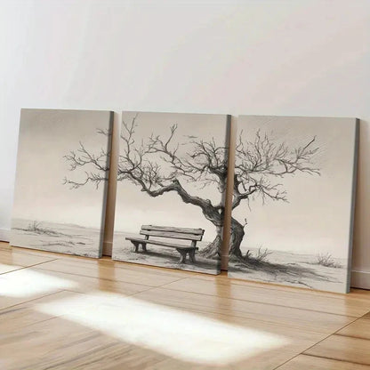 3pcs Black & White Tree Bench Landscape Wall Art Set Canvas Framed 60x90cm - High Quality Print 100% Australian Made Wall Canvas Ready to Hang - Bella Home Decor