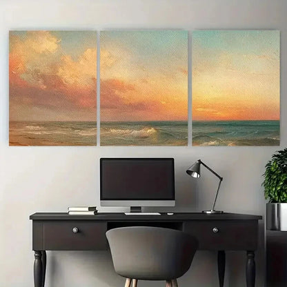 3pcs Vibrant Moody Beach at Sunset Seascape Metal Print Ready to Hang Art