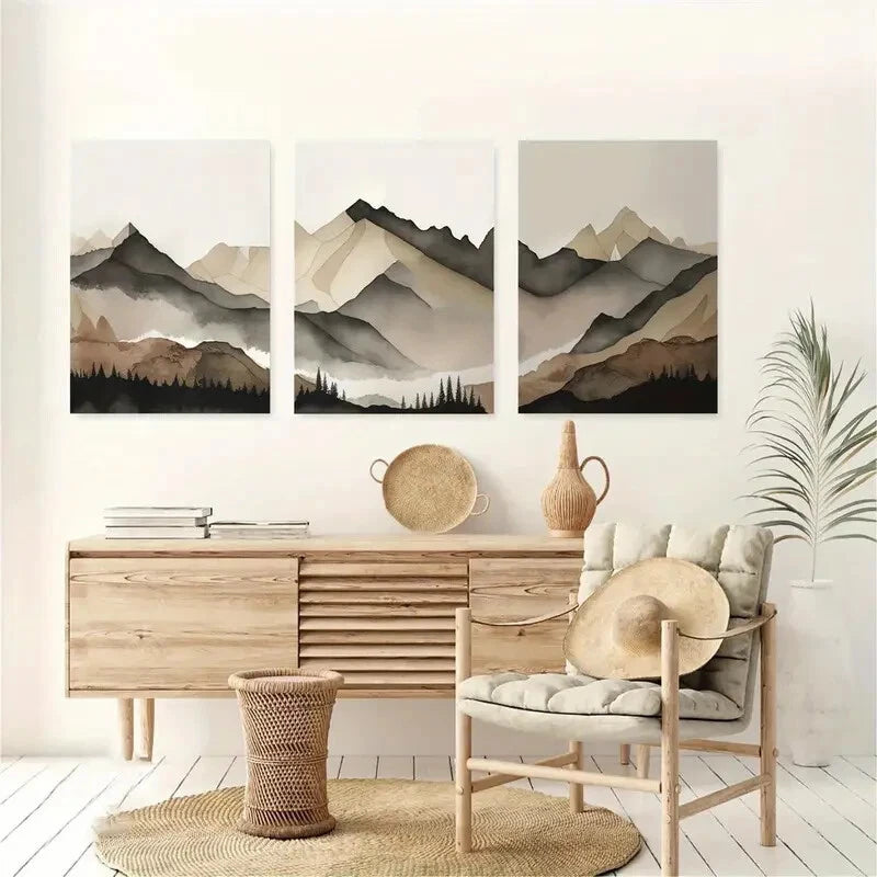 3pcs Beige and Gray Mountain Forest Metal Print Ready to Hang Art - Bella Home Decor