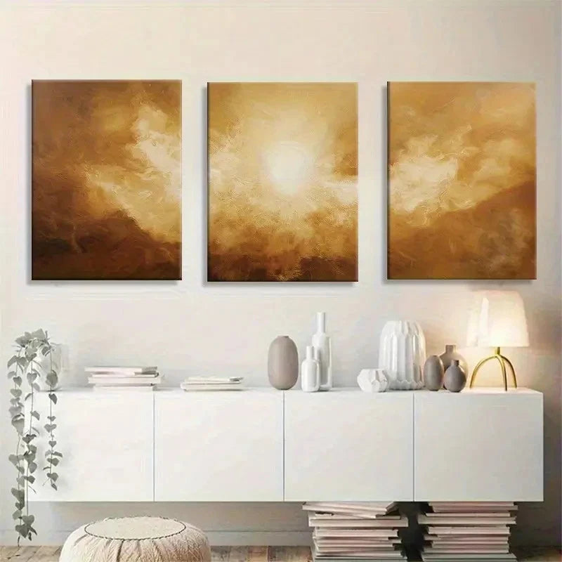 3pcs Glamorous Golden Sunlight Abstract Metal Print Ready to Hang Art - Bella Home Decor