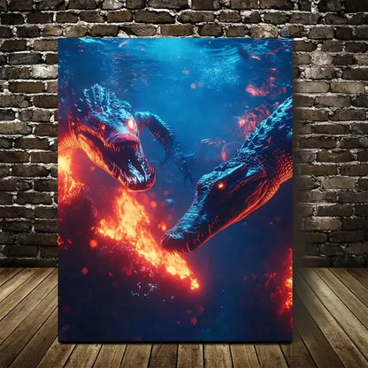 Cyberpunk Crocodile Chase Vibrant Blue Painting 40x60cm Metal Print Ready to Hang - Bella Home Decor