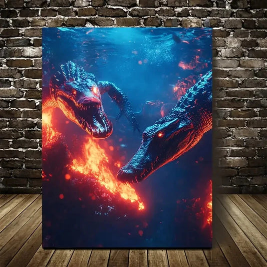 Cyberpunk Crocodile Chase Vibrant Blue Painting 40x60cm Metal Print Ready to Hang - Bella Home Decor