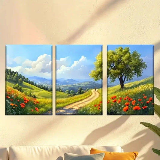 3pcs a painting of a road leading to a tree Wall Art Set Canvas Framed 60x90cm - High Quality Print 100% Australian Made Wall Canvas Ready to Hang