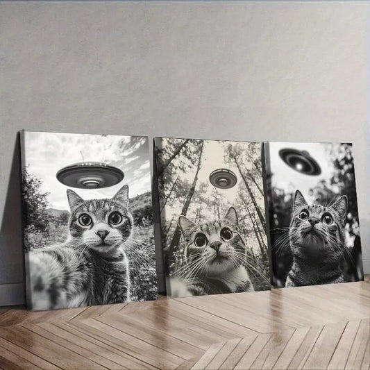 3pcs Cat Capturing A Selfie With A UFO Wall Art Set Canvas Framed 50x70cm - High Quality Print 100% Australian Made Wall Canvas Ready to Hang