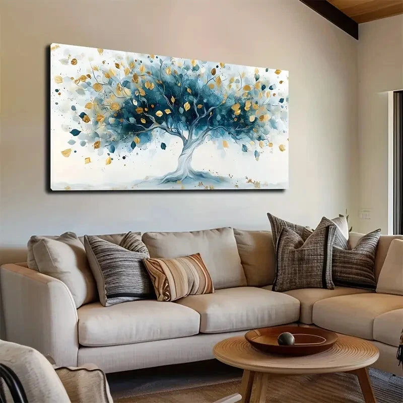 Blue and Golden Tree Abstract Wall Art Canvas Office Home Room Framed 120x60cm - Bella Home Decor