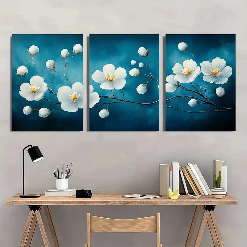 3pcs Elegant White Flower Dark Blue Background Metal Print Ready to Hang Art - Bella Home Decor