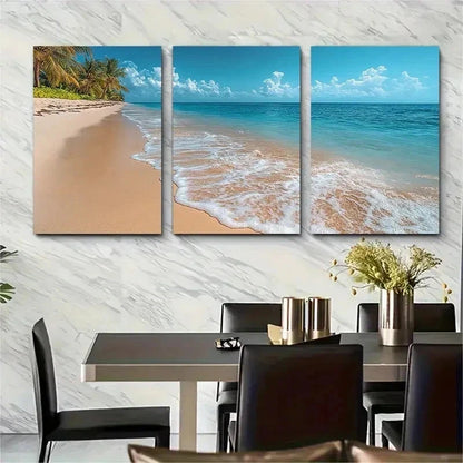 3pcs Scene With Palm Trees & Ocean Waves Perfect Wall Art Set Canvas Framed 50x70cm - High Quality Print 100% Australian Made Wall Canvas Ready to Hang