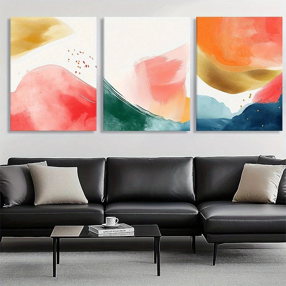 Modern living room with a black leather sofa and abstract wall art.