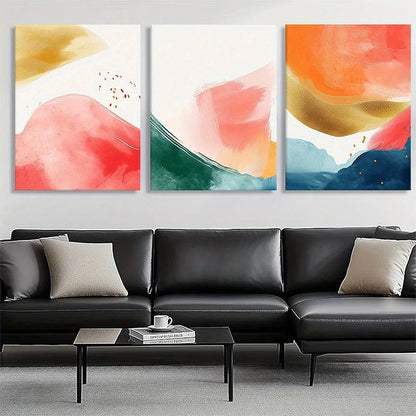 Modern living room with a black leather sofa and abstract wall art.