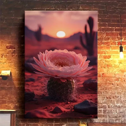 Vibrant Sunset Cactus & Blooming Flower 60x90cm Metal Print Ready to Hang