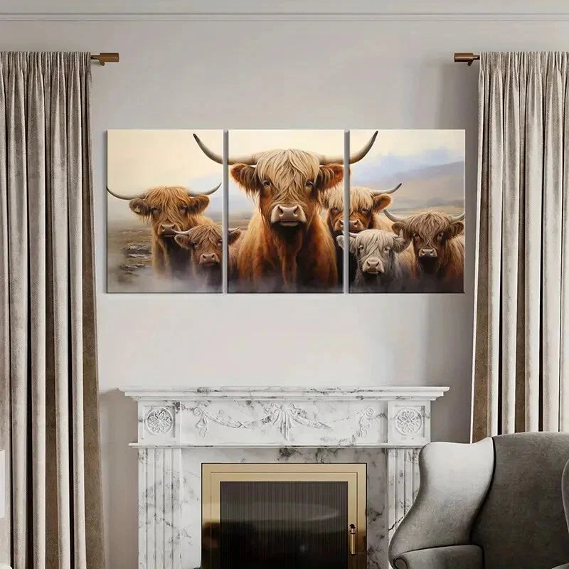 3pcs Posters of Majestic Highland Cattle with Horn Metal Print Ready to Hang Art - Bella Home Decor
