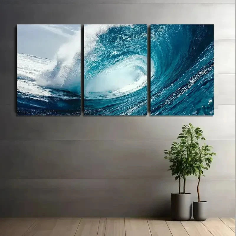 3pcs Blue Ocean Wave with White Foam Metal Print Ready to Hang Art - Bella Home Decor
