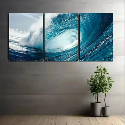 3pcs Blue Ocean Wave with White Foam Metal Print Ready to Hang Art - Bella Home Decor