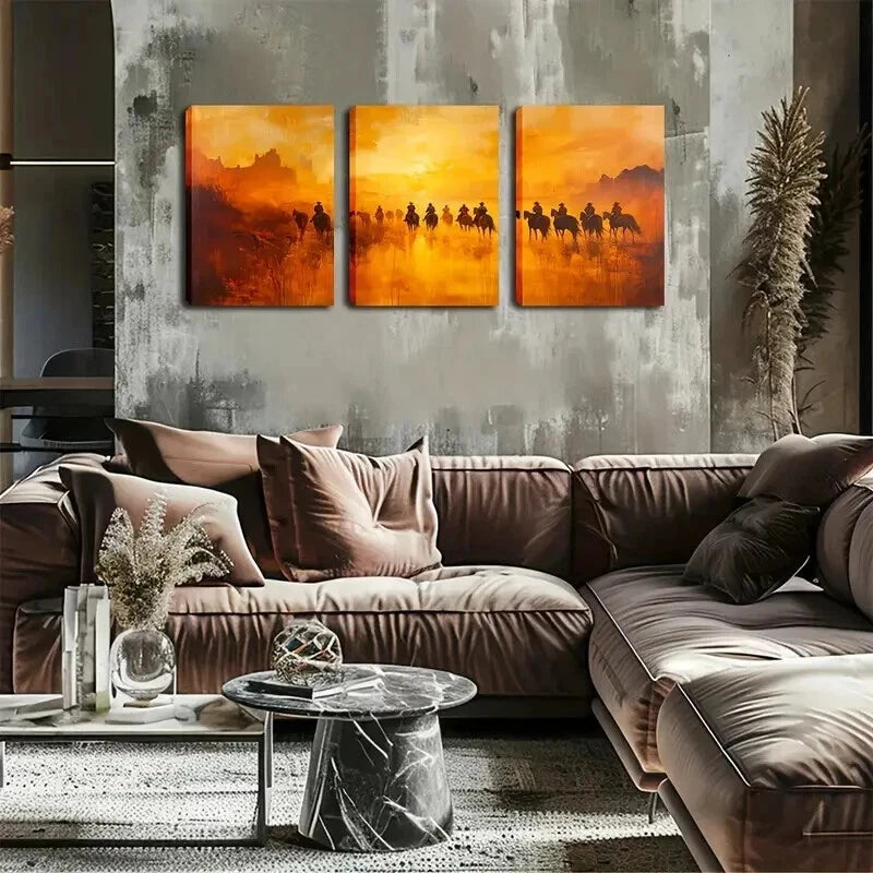 3pcs Horses Under Retro Dusk Triptych Perfect Wall Art Set Canvas Framed 60x90cm - High Quality Print 100% Australian Made Wall Canvas Ready to Hang - Bella Home Decor