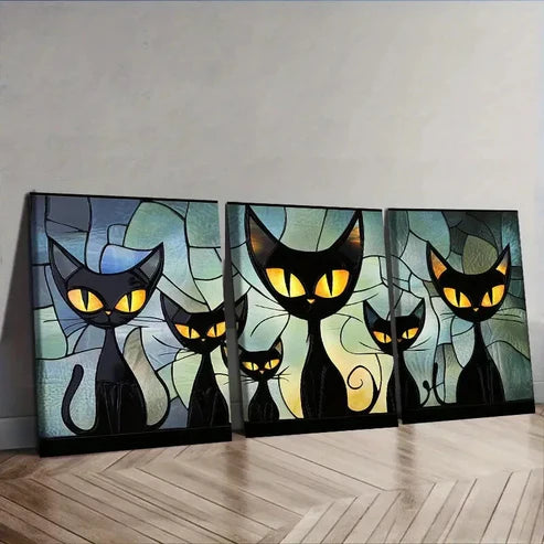 3pcs Featuring a Family of Black Cats Wall Art Set Canvas Unframed - High Quality Print 100% Australian Made Wall Canvas