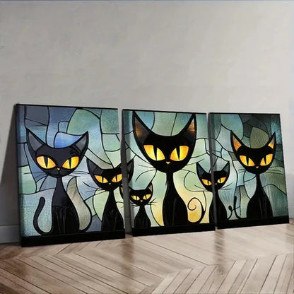 3pcs Featuring a Family of Black Cats Wall Art Set Canvas Unframed - High Quality Print 100% Australian Made Wall Canvas