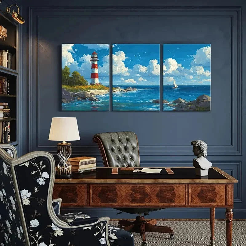 3pcs Coastal Scene Blue Sky White Clouds Metal Print Ready to Hang Art - Bella Home Decor