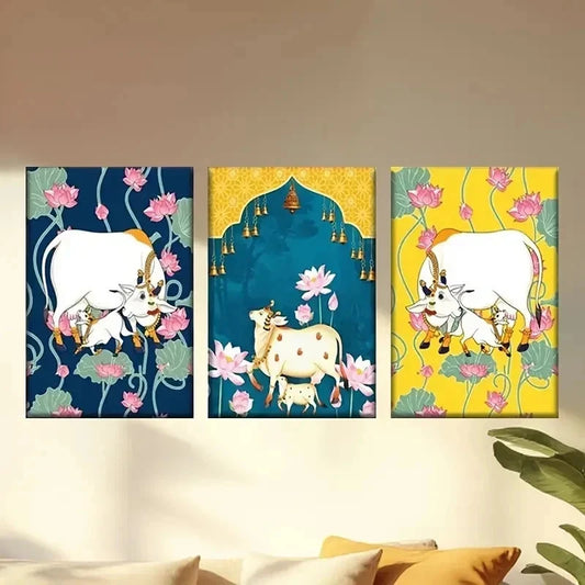 3pcs Vibrant Flower Garden with Cows Wall Art Set Canvas Framed 60x90cm - High Quality Print 100% Australian Made Wall Canvas Ready to Hang