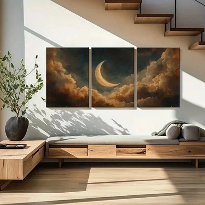 3pcs Moonlit Sky Crescent Moon Clouds Metal Print Ready to Hang Art - Bella Home Decor