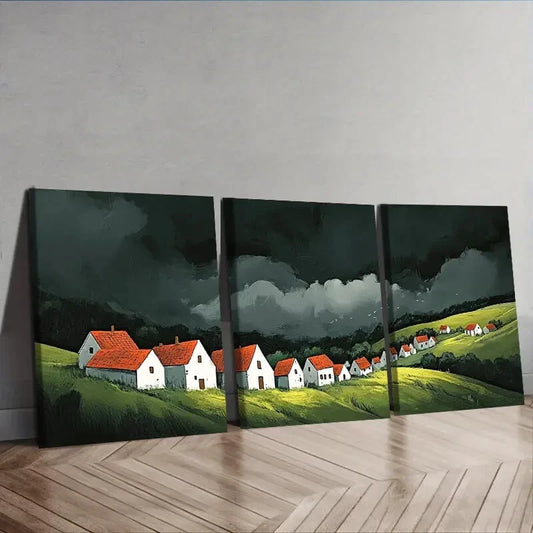 3pcs A little village with red roofs Wall Art Set Canvas Framed 40x60cm - High Quality Print 100% Australian Made Wall Canvas Ready to Hang