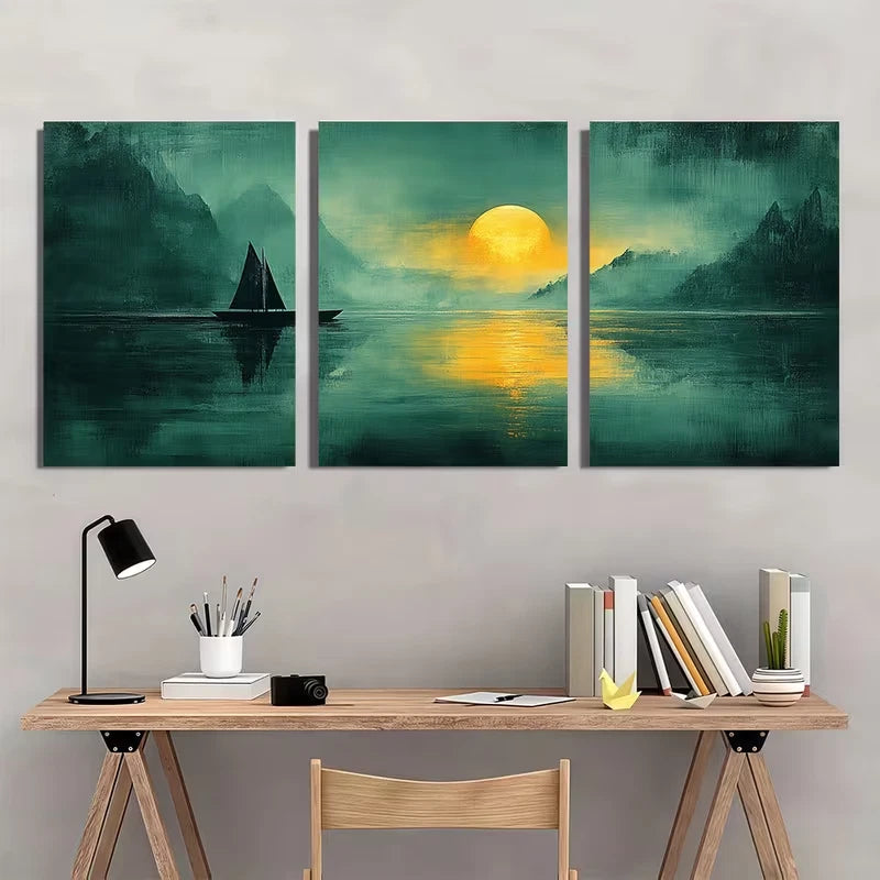 3pcs Green Abstract Landscape Metal Print Ready to Hang Art