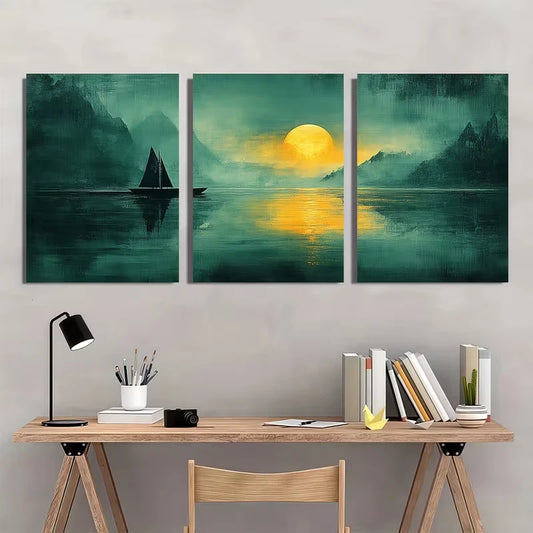 3pcs Green Abstract Landscape Metal Print Ready to Hang Art