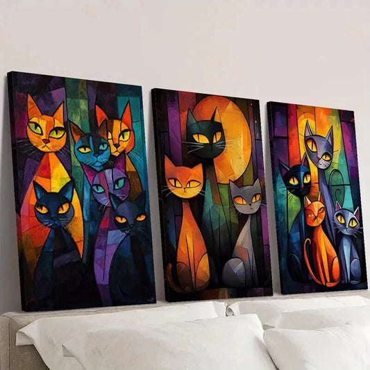3pcs Abstract Cat Fantasy Colors Wall Art Set Canvas Framed 50x70cm - High Quality Print 100% Australian Made Wall Canvas Ready to Hang
