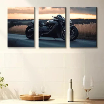 3pcs Sleek Black Motorcycle Wall Art Canvas Unframed - High Quality Print 100% Australian Made Wall Canvas