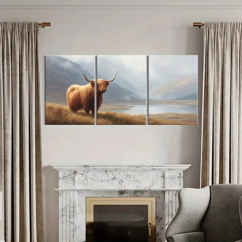 3pcs Highland Cow Landscape Art Mountain Scenery Metal Print Ready to Hang Art - Bella Home Decor