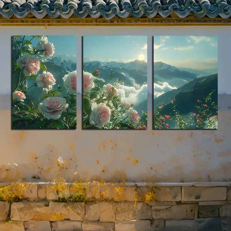3pcs Vibrant Charming Roses with Mountain View Metal Print Ready to Hang Art