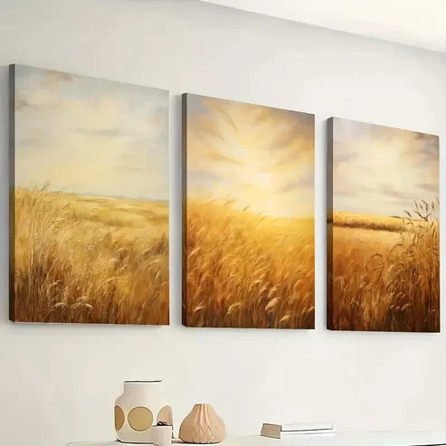 3pcs Golden wheat fields, harvest farm country Wall Art Canvas Unframed - High Quality Print 100% Australian Made Wall Canvas - Bella Home Decor