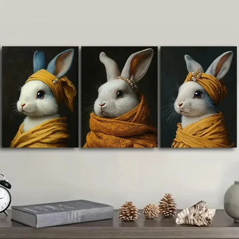 3pcs Rabbits wear pearls Wall Art Canvas Unframed - High Quality Print 100% Australian Made Wall Canvas - Bella Home Decor
