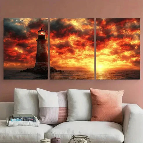 3pcs Weathered Lighthouse Fiery Sky with Seagull Wall Art Set Canvas Unframed - High Quality Print 100% Australian Made Wall Canvas