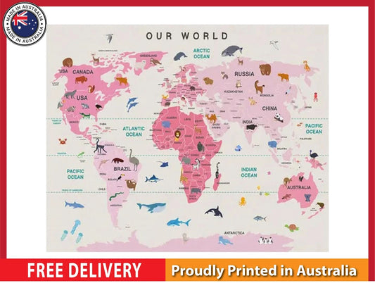 NEW (LAMINATED) World Map Pink (61X91CM) Educational CHART PICTURE PRINT