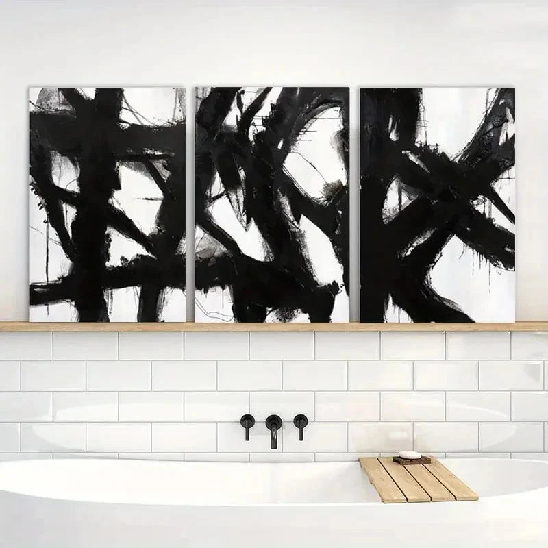 3pcs Painting Black and White Abstract Wall Art Metal Print Ready to Hang Art - Bella Home Decor