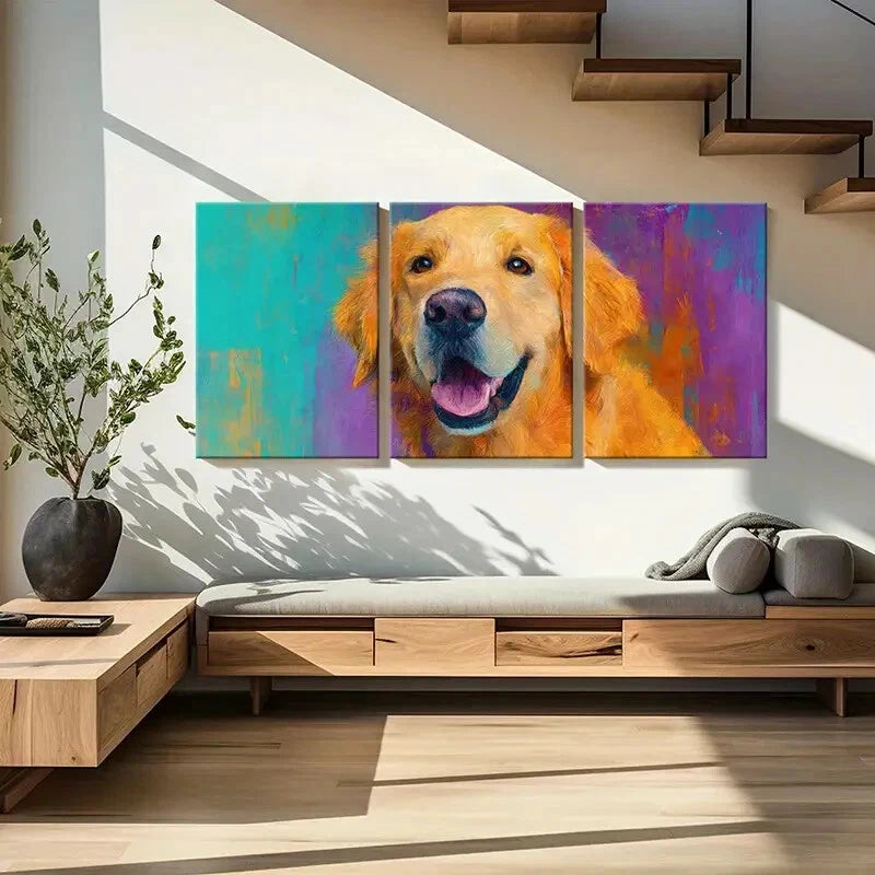 3pcs Artistic Golden Retriever Portrait Vibrant Metal Print Ready to Hang Art - Bella Home Decor